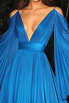Blue Deep V Neck Pleated A Line Gala Dress with Long Sleeves