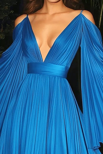 Blue Deep V Neck Pleated A Line Gala Dress with Long Sleeves