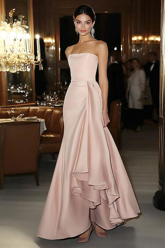 Elegant Pink Strapless Mermaid Satin Long Formal Dress