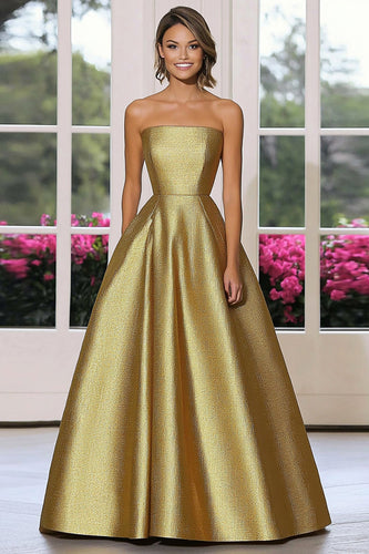 Gold Metallic Strapless Princess Long Formal Dress