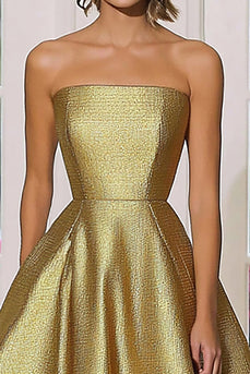 Gold Metallic Strapless Princess Long Formal Dress