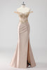 Load image into Gallery viewer, Zapaka Women Sparkly Formal Dress Appliques Champagne Off the Shoulder Corset Sheath Slit Party Dress