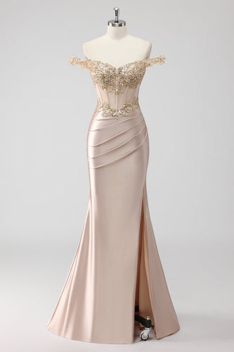 Zapaka Women Sparkly Formal Dress Appliques Champagne Off the Shoulder Corset Sheath Slit Party Dress