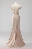 Load image into Gallery viewer, Champagne Off the Shoulder Corset Mermaid Formal Dress with Slit