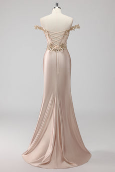 Champagne Off the Shoulder Corset Mermaid Formal Dress with Slit