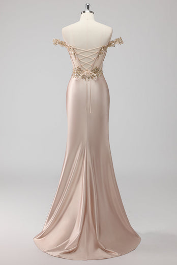 Champagne Off the Shoulder Corset Mermaid Formal Dress with Slit