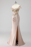 Load image into Gallery viewer, Champagne Off the Shoulder Corset Mermaid Formal Dress with Slit