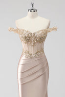 Load image into Gallery viewer, Champagne Off the Shoulder Corset Mermaid Formal Dress with Slit