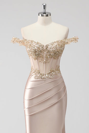 Champagne Off the Shoulder Corset Mermaid Formal Dress with Slit