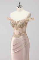 Load image into Gallery viewer, Champagne Off the Shoulder Corset Mermaid Formal Dress with Slit
