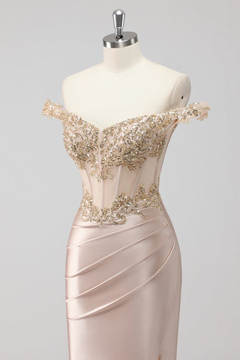 Champagne Off the Shoulder Corset Mermaid Formal Dress with Slit