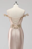 Load image into Gallery viewer, Champagne Off the Shoulder Corset Mermaid Formal Dress with Slit