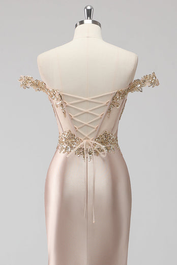 Champagne Off the Shoulder Corset Mermaid Formal Dress with Slit