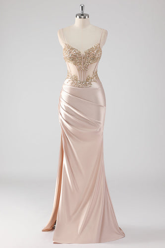 Zapaka Women Sparkly Formal Dress Champagne Corset Appliques Slit Long Party Dress