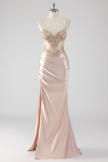Zapaka Women Sparkly Formal Dress Champagne Corset Appliques Slit Long Party Dress