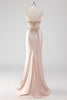 Load image into Gallery viewer, Champagne Satin Ruched Mermaid Corset Formal Dress with Appliques