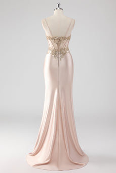 Champagne Satin Ruched Mermaid Corset Formal Dress with Appliques