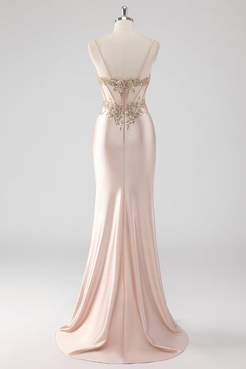 Champagne Satin Ruched Mermaid Corset Formal Dress with Appliques