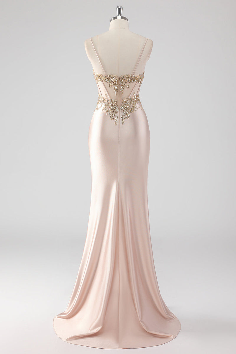 Load image into Gallery viewer, Champagne Satin Ruched Mermaid Corset Formal Dress with Appliques