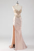 Load image into Gallery viewer, Champagne Satin Ruched Mermaid Corset Formal Dress with Appliques