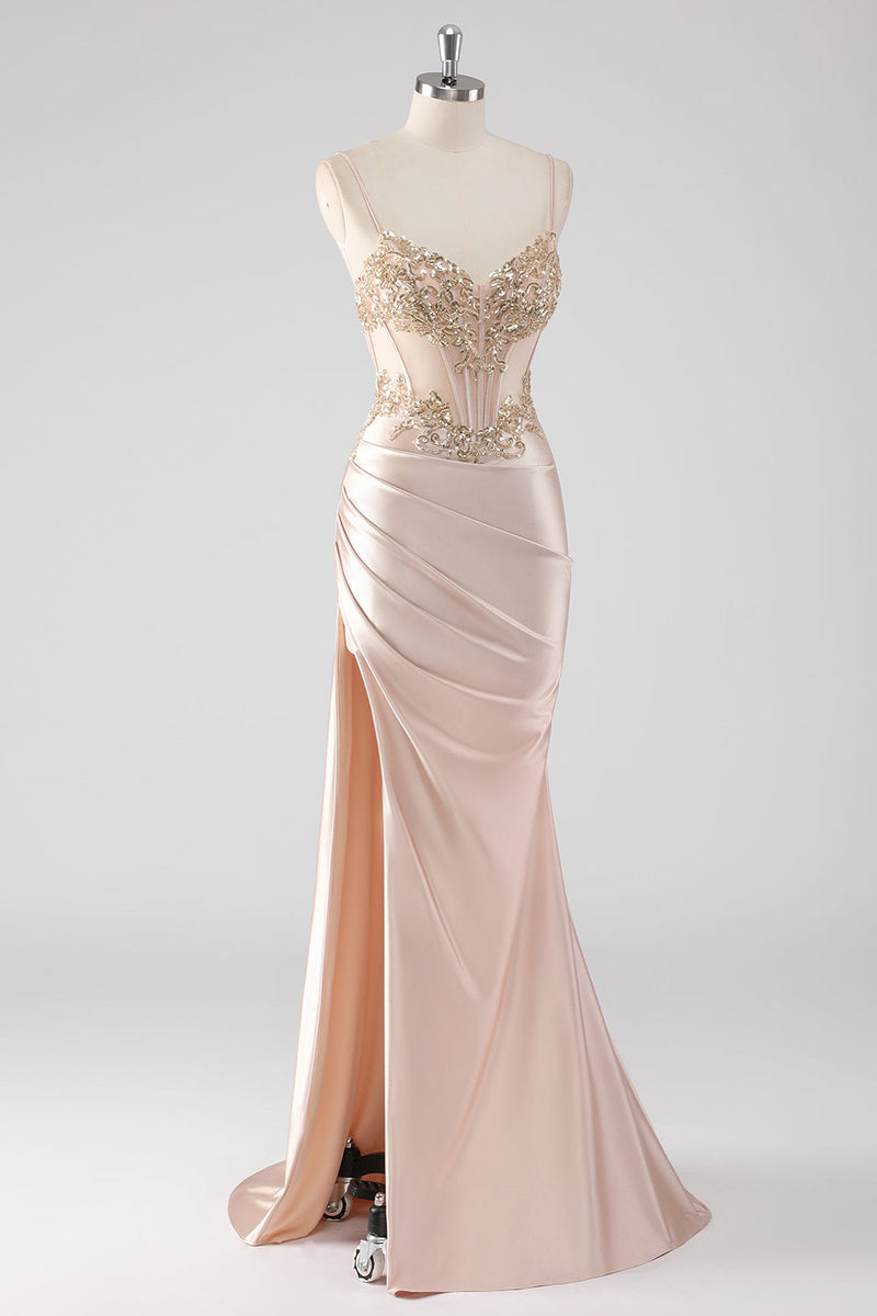 Load image into Gallery viewer, Champagne Satin Ruched Mermaid Corset Formal Dress with Appliques