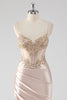 Load image into Gallery viewer, Champagne Satin Ruched Mermaid Corset Formal Dress with Appliques