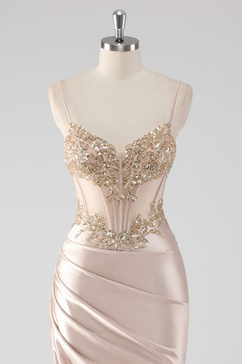Champagne Satin Ruched Mermaid Corset Formal Dress with Appliques