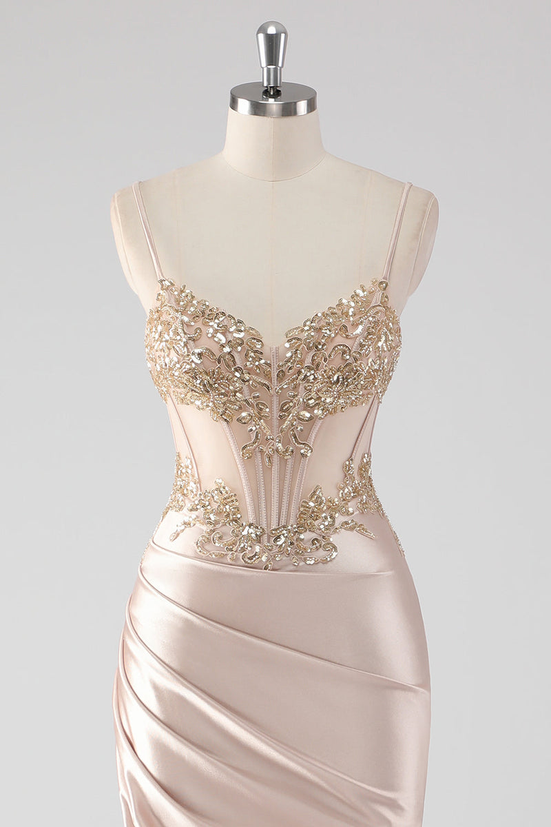 Load image into Gallery viewer, Champagne Satin Ruched Mermaid Corset Formal Dress with Appliques