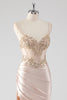 Load image into Gallery viewer, Champagne Satin Ruched Mermaid Corset Formal Dress with Appliques