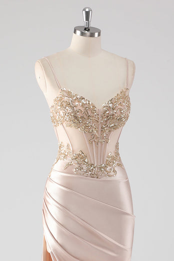 Champagne Satin Ruched Mermaid Corset Formal Dress with Appliques