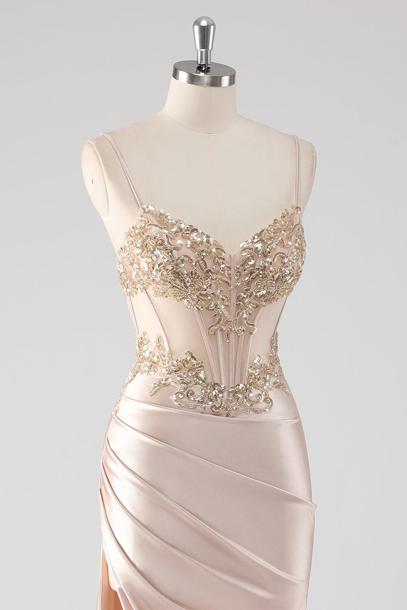 Load image into Gallery viewer, Champagne Satin Ruched Mermaid Corset Formal Dress with Appliques