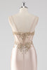Load image into Gallery viewer, Champagne Satin Ruched Mermaid Corset Formal Dress with Appliques