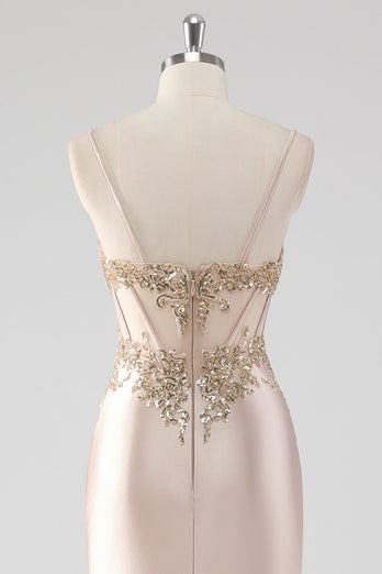 Champagne Satin Ruched Mermaid Corset Formal Dress with Appliques