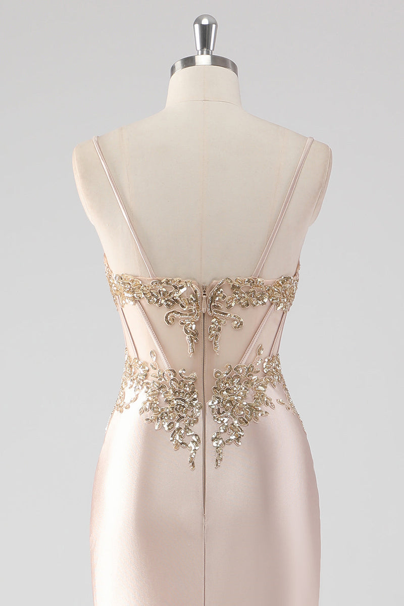 Load image into Gallery viewer, Champagne Satin Ruched Mermaid Corset Formal Dress with Appliques