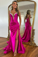 Load image into Gallery viewer, Sparkly Fuchsia Satin Corset Long Formal Dress with Rhinestones