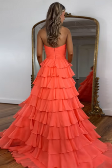 Orange Tiered A Line Sweetheart Long Formal Dress with Ruffles