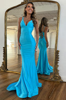 Load image into Gallery viewer, Blue Mermaid V-Neck Satin Long Formal Dress