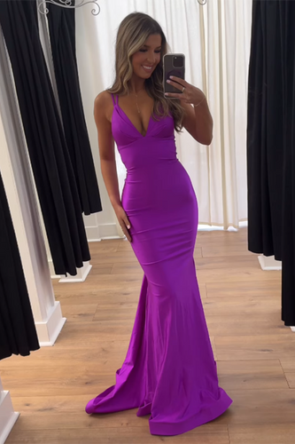 Hot Pink V-Neck Satin Mermaid Long Formal Dress