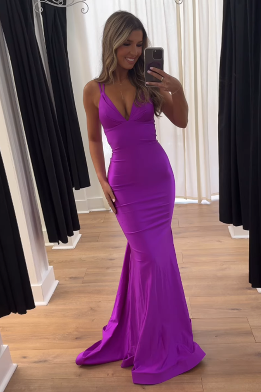 Hot Pink V-Neck Satin Mermaid Long Formal Dress