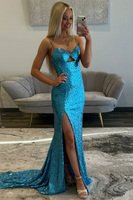 Load image into Gallery viewer, Sparkly Blue Sequin Mermaid Long Formal Dress with Slit