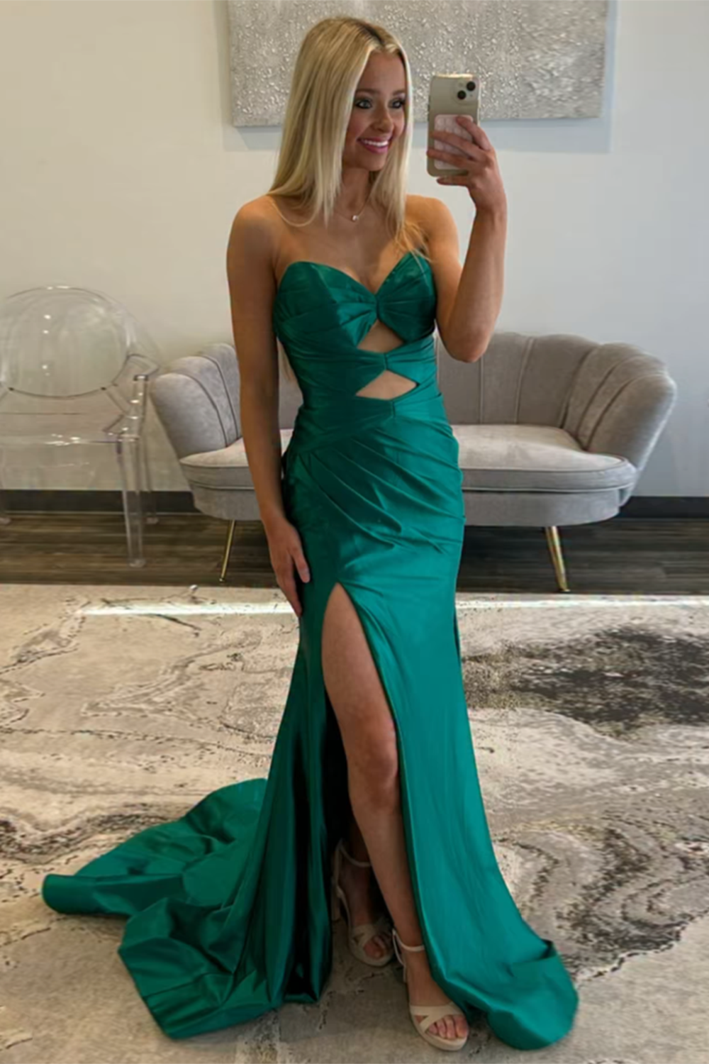 Emerald Green Satin Sweetheart Mermaid Long Formal Dress with Slit