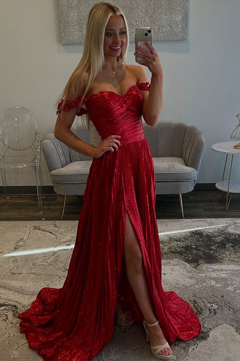 Load image into Gallery viewer, Sparkly Red Metallic Pleated A Line Long Formal Dress with Slit