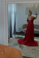 Load image into Gallery viewer, Sparkly Red Metallic Pleated A Line Long Formal Dress with Slit