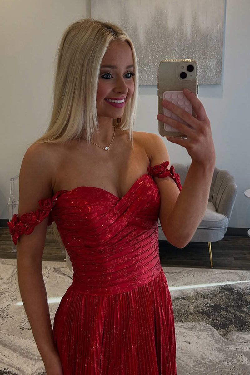 Load image into Gallery viewer, Sparkly Red Metallic Pleated A Line Long Formal Dress with Slit