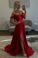 Load image into Gallery viewer, Sparkly Red Metallic Pleated A Line Long Formal Dress with Slit