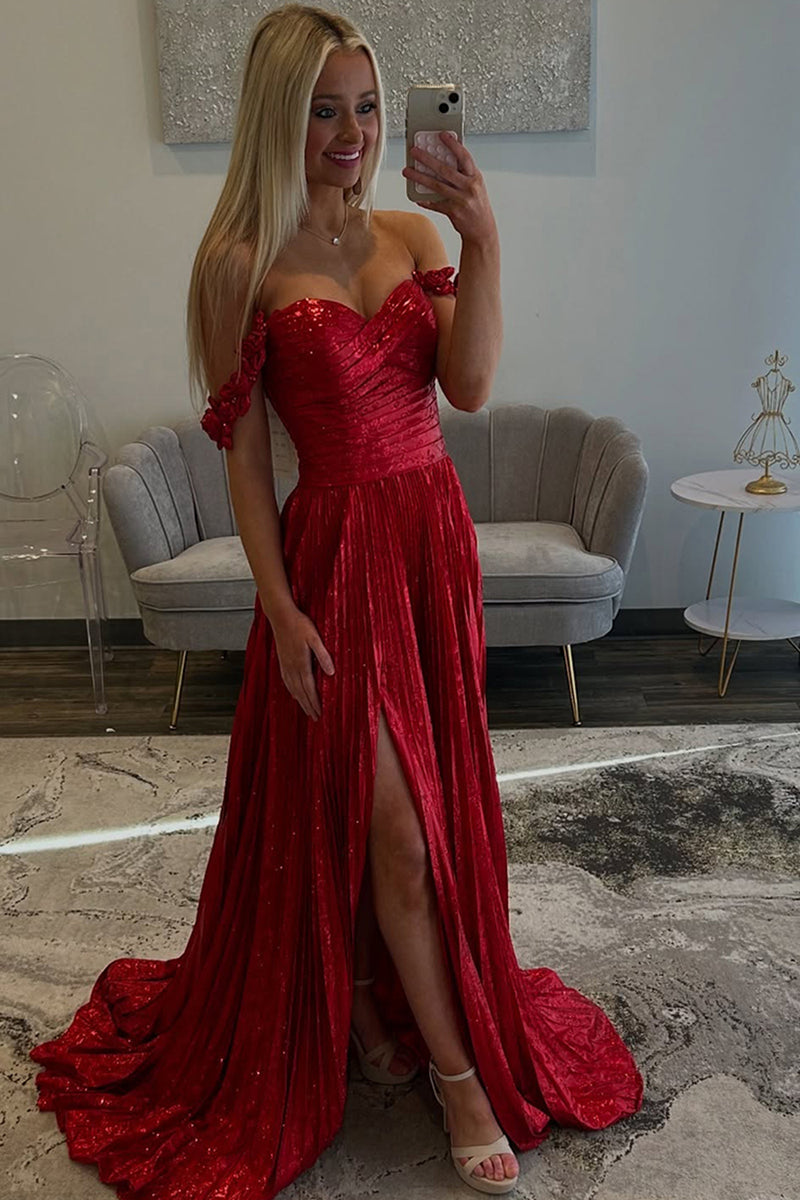 Load image into Gallery viewer, Sparkly Red Metallic Pleated A Line Long Formal Dress with Slit