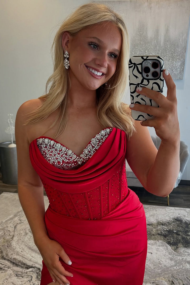 Load image into Gallery viewer, Red Sweetheart Satin Long Formal Dress with Slit