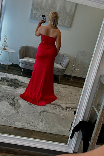 Red Sweetheart Satin Long Formal Dress with Slit