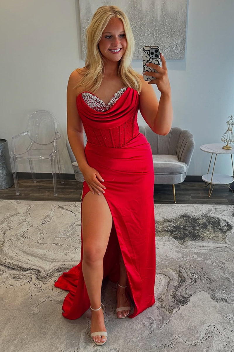 Load image into Gallery viewer, Red Sweetheart Satin Long Formal Dress with Slit