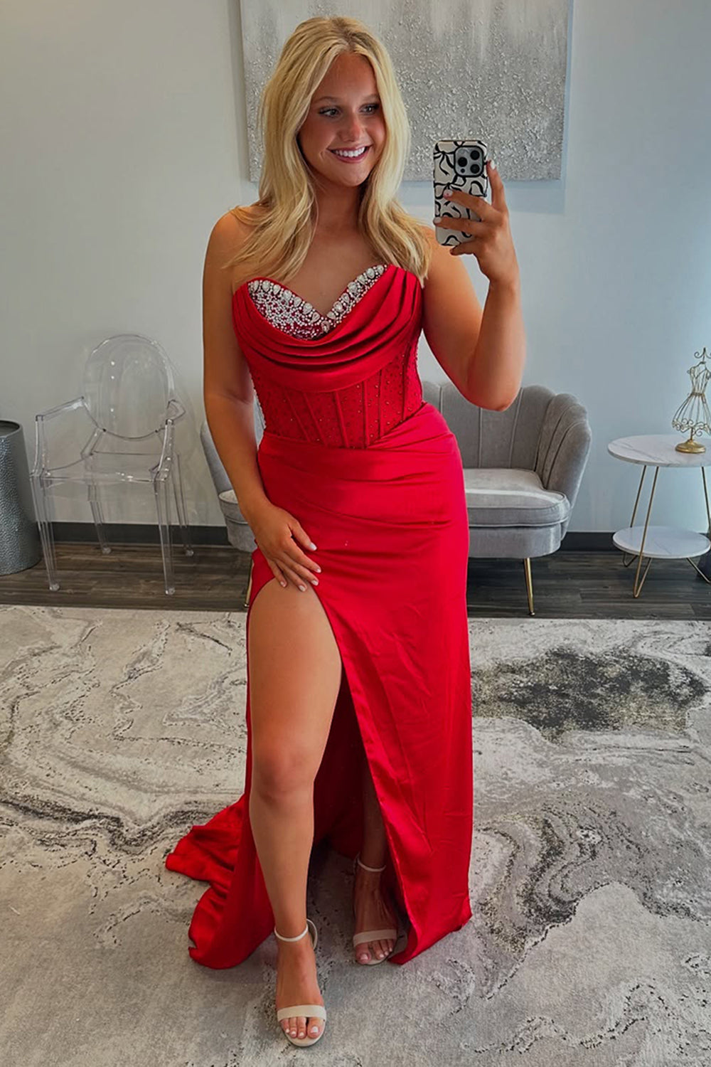Red Sweetheart Satin Long Formal Dress with Slit